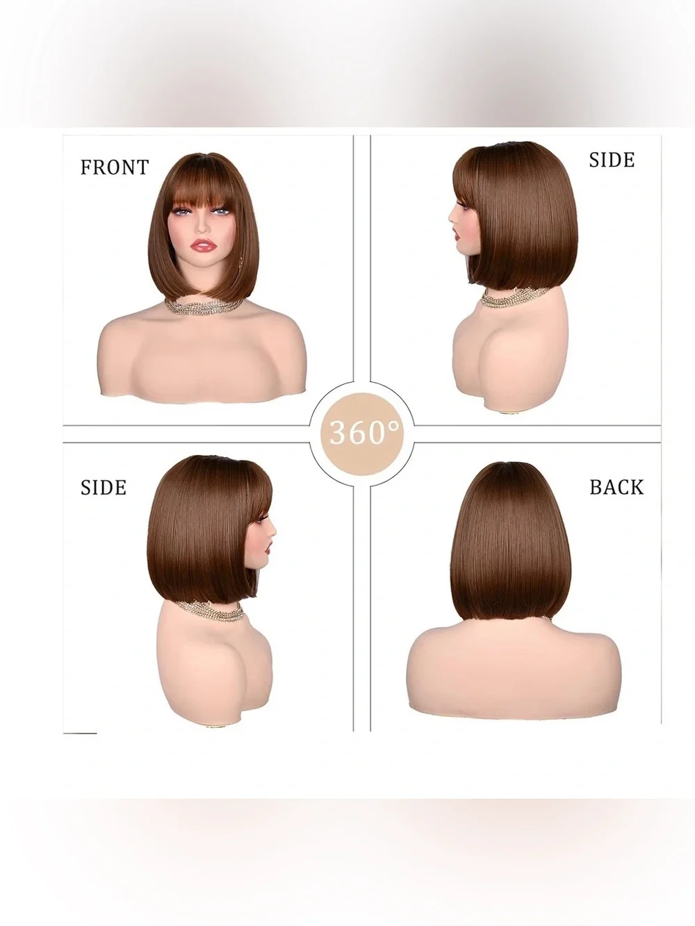 Brown Bob w/ Bangs 12 Inch Wig Women's Short Straight Cosplay Party NWOT